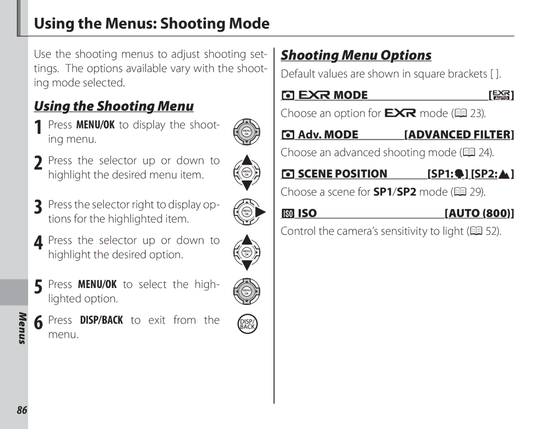 FujiFilm 16286187-4-KIT owner manual Using the Menus Shooting Mode,  Emode,  SCENE Position,  Iso 